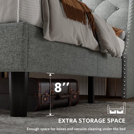 iPormis Deluxe Wingback King Bed Frame with USB Charging Ports & Storage Headboard in Light Grey iPormis