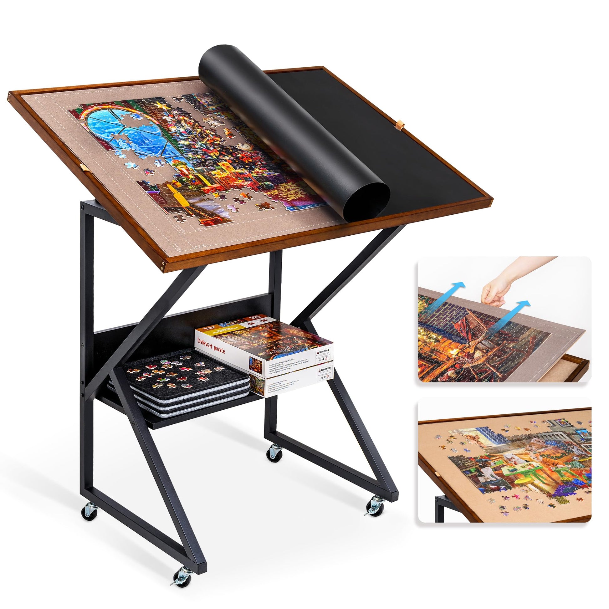 Lavievert Jigsaw Puzzle Table with Cover and Angle & Height Adjustment, Detachable Double-Sided Puzzle Board with Auxiliary Line, Tilting Table with Storage Shelf & 4 Casters for Up to 1500 P - WoodArtSupply