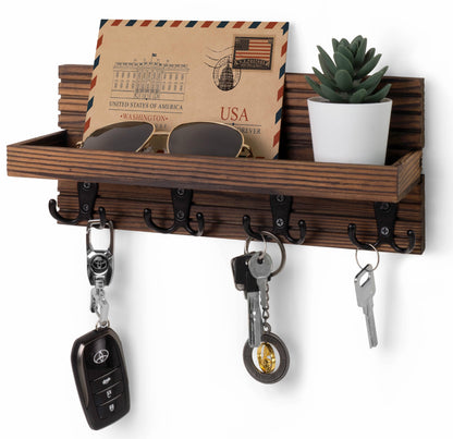 NAUMOO Natural Wooden Key Holder - Wall Mounted Mail Organizer and Key Hanger - Rustic Farmhouse Entryway Shelf with 4 Double Hooks - Decorative Rack for Car Keys, Wallet (Dark Brown) - WoodArtSupply