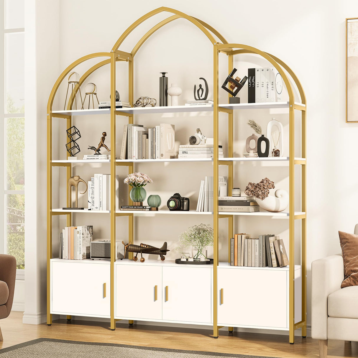Nosepen 86" Gold Bookshelf, Triple Wide 5 Tier Arched Bookshelves & Bookcases with Storage, Large Modern Metal Book Shelf Stand for Bedroom/Living Room/Office Display Shelves, White & Gold Nosepen
