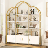 Nosepen 86" Gold Bookshelf, Triple Wide 5 Tier Arched Bookshelves & Bookcases with Storage, Large Modern Metal Book Shelf Stand for Bedroom/Living Room/Office Display Shelves, White & Gold Nosepen
