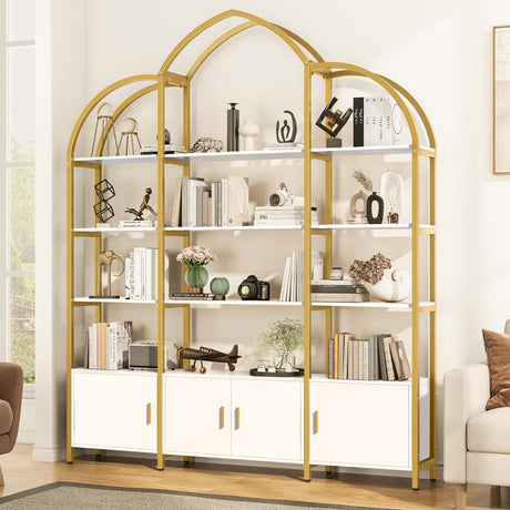 Nosepen 86" Gold Bookshelf, Triple Wide 5 Tier Arched Bookshelves & Bookcases with Storage, Large Modern Metal Book Shelf Stand for Bedroom/Living Room/Office Display Shelves, White & Gold Nosepen