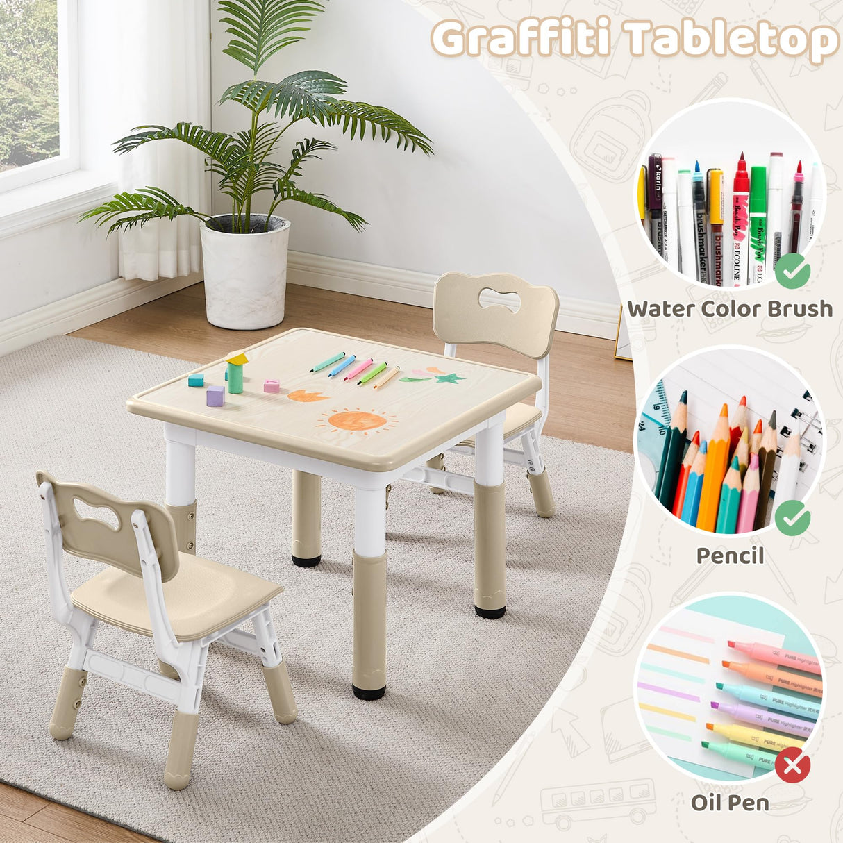 SwemDec Kids Table and 2 Chairs Set, Children Multi-Activity Toddler Table and Chair Set with Graffiti Tabletop for Ages 3-8, Height-Adjustable Kids Study Desk for Classroom/Daycare/Home SwemDec