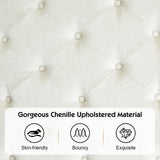 YUMPIE Queen Rustic Solid Wood Bed Frame With 68" Tall Headboard, Farmhouse Chenille Upholstered Panel Platform Bed Mattress Frame, Button Tufted/Antique Brass Nail Trim/No Box Spring Needed, Milk Ash YUMPIE