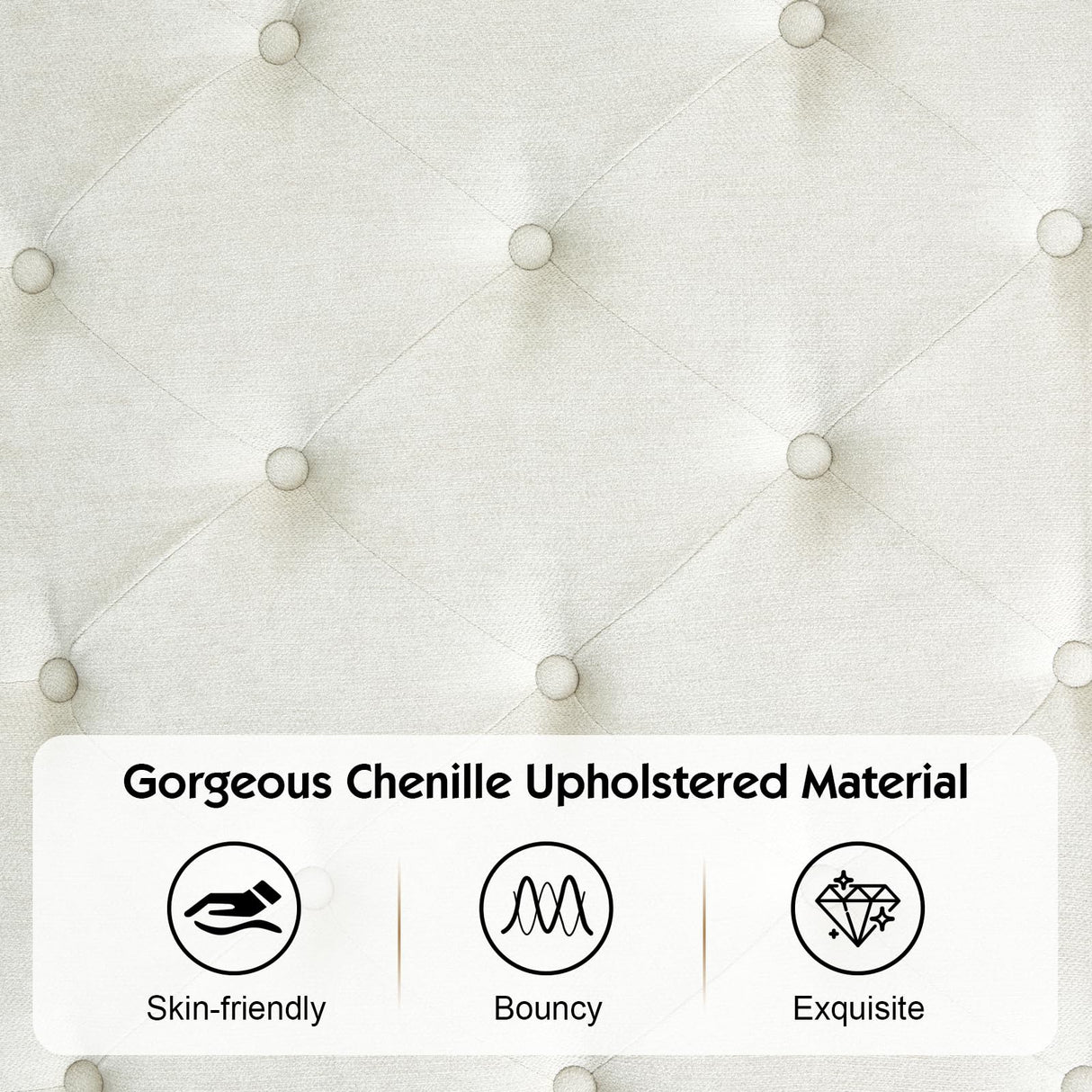 YUMPIE Rustic Solid Wood King Bed Frame with 68" Tall Headboard, Chenille Upholstered Farmhouse Panel Platform Bed Mattress Frame, Button Tufted/Antique Brass Nail Trim/No Box Spring Needed, Milk Ash YUMPIE