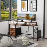 Furologee Desk with Drawer and Power Outlets, 55" Large Compter Desk with Fabric File Cabinet and 2 Movable Monitor Shelf, Writing Gaming Table with CPU Stand and 2 Hooks for Home Office, Rustic Brown Furologee
