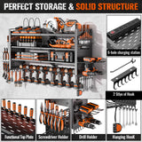 Heavy Duty Power Tool Organizer Wall Mount with Charging Station, Large Garage Organization with 10 cordless Drill Holder, 4 Layers Tool Organizers and Storage, Tool Rack with 6 Power Strip, Black Shomextol