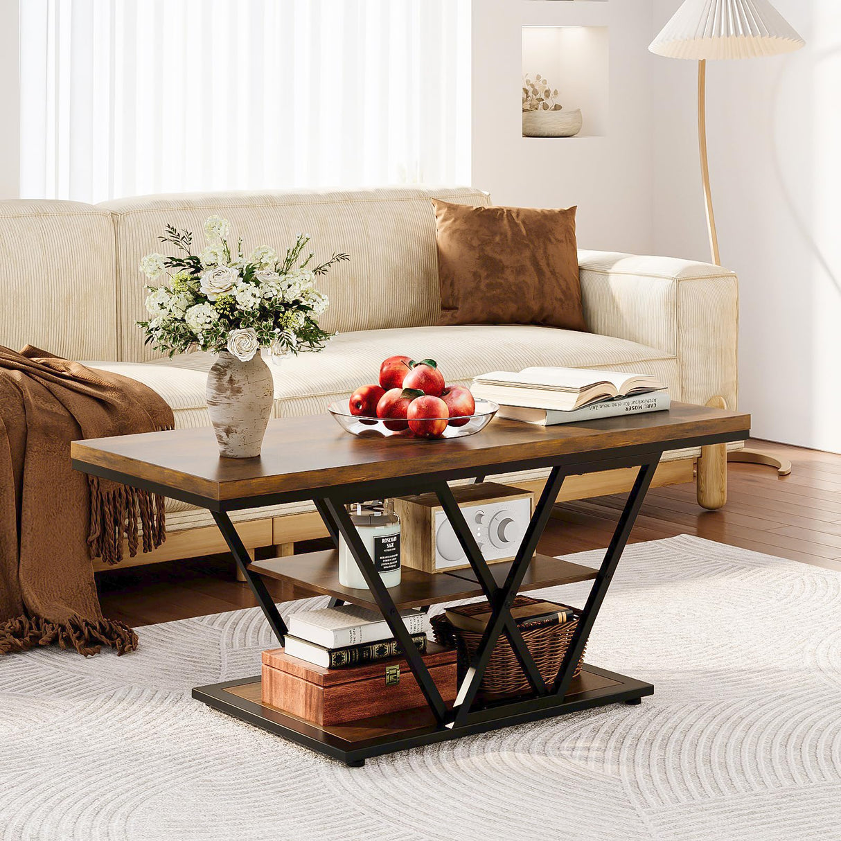 Espelism Coffee Table with Storage Industrial 3 Tier Center Living Room Table Farmhouse Wooden Rectangle Cocktail Rustic Tea Table for Office Bedroom(Brown)