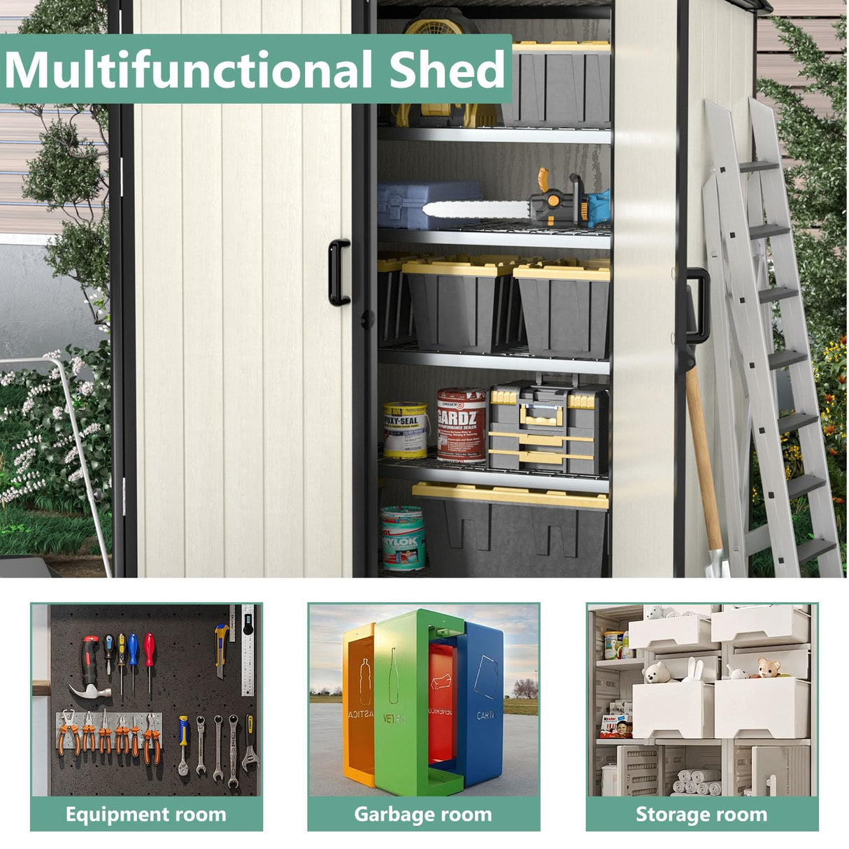 Aoxun Outdoor Storage Shed 5 x 3FT, Resin Shed with Floor and Lockable Door, Plastic Shed for Bike, Garbage Can, Tool, Accessories, Lawn, Garden - Beige Aoxun