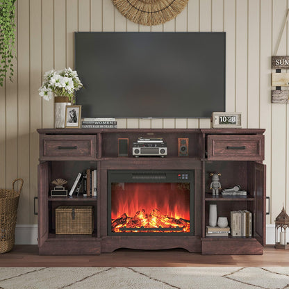 Maupvit Fireplace TV Stand for up to 65 inch TV, Entertainment Center with 23" Fireplace, Farmhouse TV Stands with Electric Fireplace, 2 Storage Cabinets, 2 Drawers for Living Room,Brown