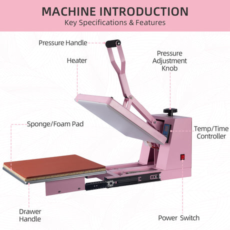 15x15 Inch Heat Press Machine with Slide-Out Drawer, Manual Clamshell Design, Digital Temp & Timer Control, Pink 1400W Heat Transfer Machine for T-Shirts, Vinyl, Fabric, DIY Projects & More Sanch Ancha