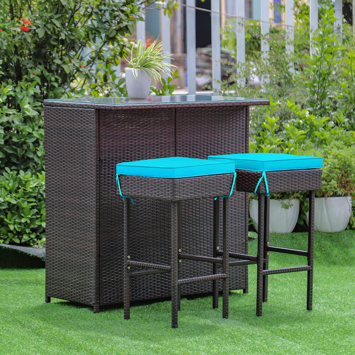 RELAX4FLIE 3-Piece Outdoor Bar Set, Patio Wicker Bar Table and Chairs Set w/Cushioned Stools 2 Open Shelves & Glass Table Top, Rattan Bar Table Set for Poolside, Garden and Backyard (Turquoise) RELAX4LIFE