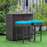 RELAX4FLIE 3-Piece Outdoor Bar Set, Patio Wicker Bar Table and Chairs Set w/Cushioned Stools 2 Open Shelves & Glass Table Top, Rattan Bar Table Set for Poolside, Garden and Backyard (Turquoise) RELAX4LIFE