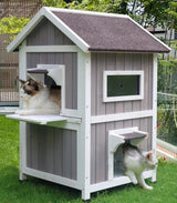 Rockever Outdoor Cat House, 2 Story Outdoor Houses for Feral Cats Wooden Outside Cat Shelter Weatherproof with Escape Door Rockever