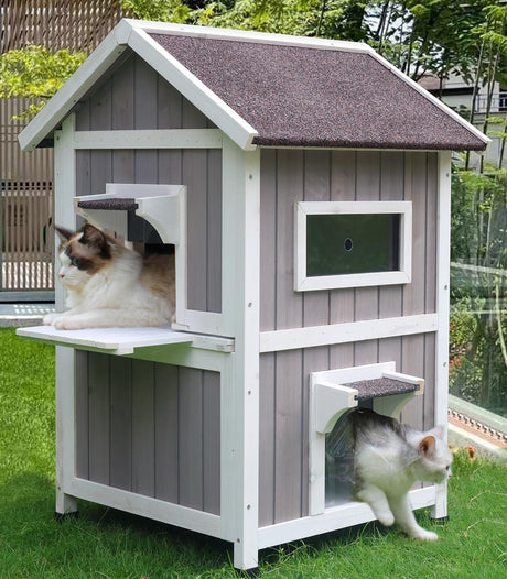 Rockever Outdoor Cat House, 2 Story Outdoor Houses for Feral Cats Wooden Outside Cat Shelter Weatherproof with Escape Door Rockever