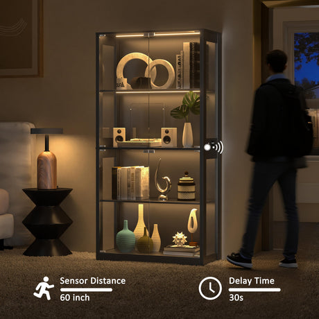 BlueWish 70" Display Cabinet with Glass Doors, 4-Tier Curio Cabinet with 3 Color LED Lights for Collectibles, Glass Display Case with Human Body Sensor, Storage Cabinets for Living Room, Office, Black BlueWish