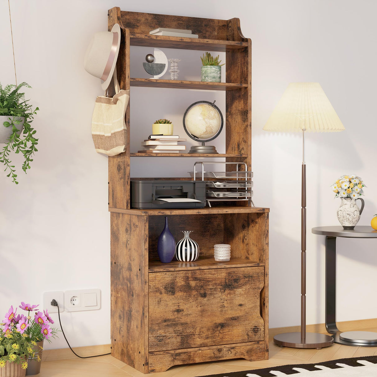 LIKIMIO Nightstand with Charging Station, 55" Tall End Side Table with Storage Cabinet, Small Bookshelf, for Living Room Office Bedroom, Vintage Brown LIKIMIO