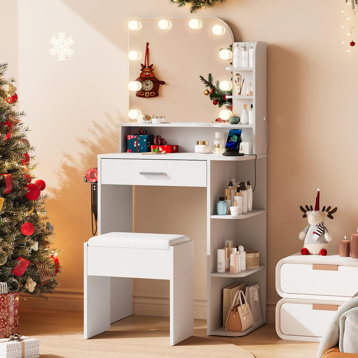 wanan Small Makeup Vanity Desk with Mirror and Lights, Compact Vanity with Chair and Charging Station, 3 Color Lighting Modes for Small Space,White wanan