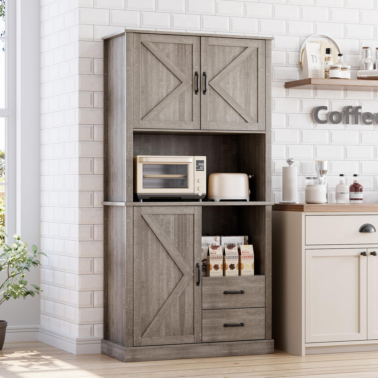 GarveeHome Modern Kitchen Pantry Cabinet with Microwave Stand, Tall Hutch Bar Cabinet with Drawers & Adjustable Shelves, Large Wood Storage for Dining Room, Living Room, Rustic Grey GarveeHome