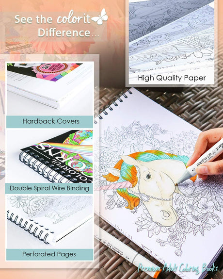 ColorIt Colorful Unicorns Adult Coloring Book - 50 Single-Sided Pages, Thick Smooth Paper, Lay Flat Hardback Covers, Spiral Bound, USA Printed, Hand Drawn Unicorn Coloring Pages ColorIt