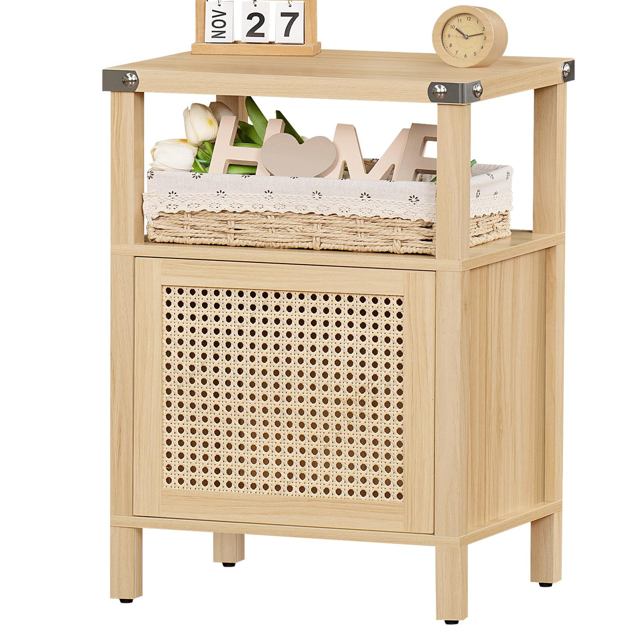 Lerliuo Rattan Nightstand, Boho Side End Table with Handmade Natural Rattan Decorated Door and Open Shelf, Wood Accent Night Stand with Storage, Bedside tables for Bedroom, Living Room (Natural) Lerliuo