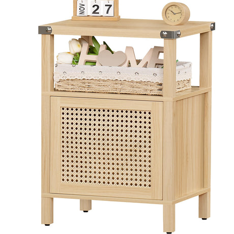 Lerliuo Rattan Nightstand, Boho Side End Table with Handmade Natural Rattan Decorated Door and Open Shelf, Wood Accent Night Stand with Storage, Bedside tables for Bedroom, Living Room (Natural) Lerliuo