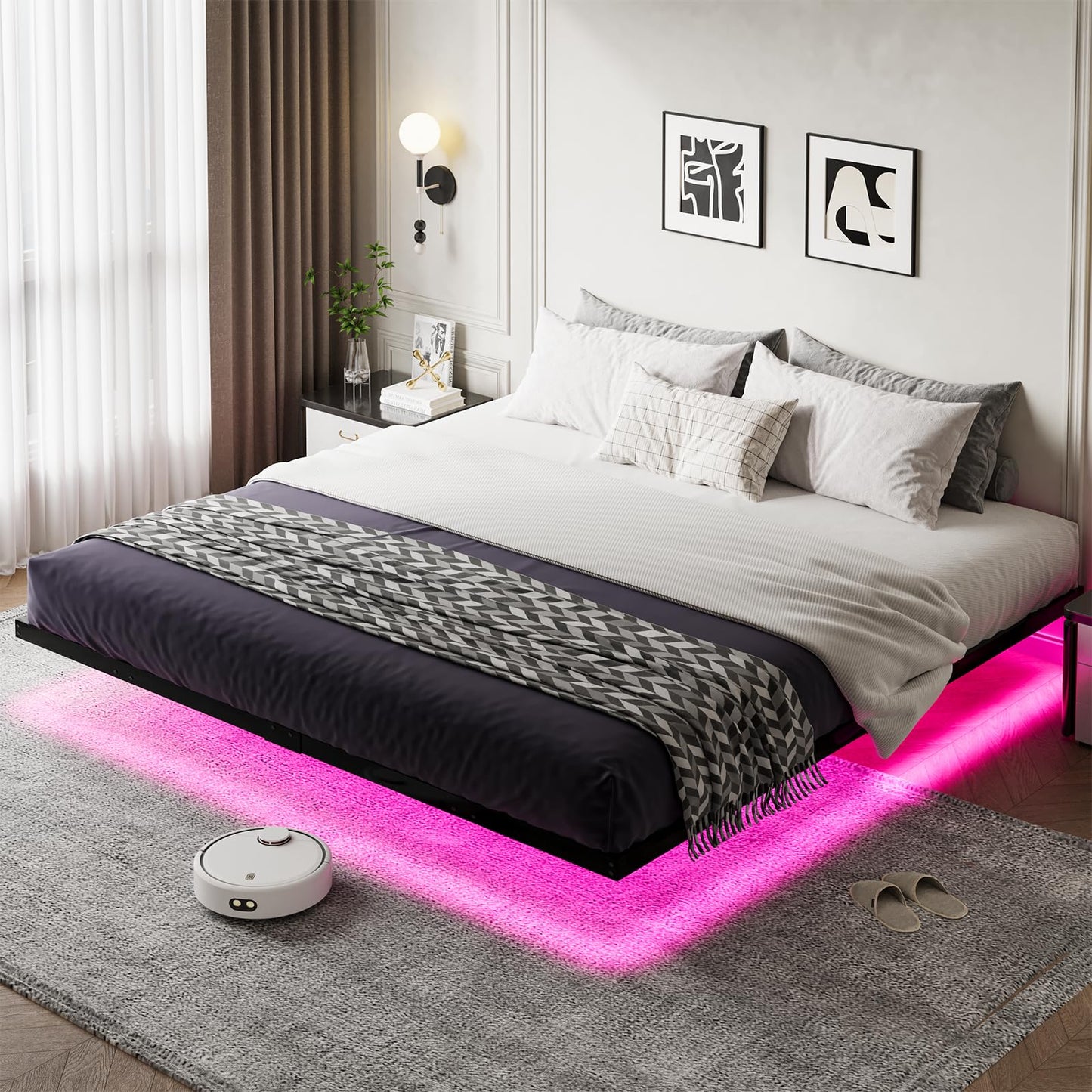 HOMBCK King Size Floating Bed Frame with LED Lights and Heavy Duty Steel Construction - WoodArtSupply