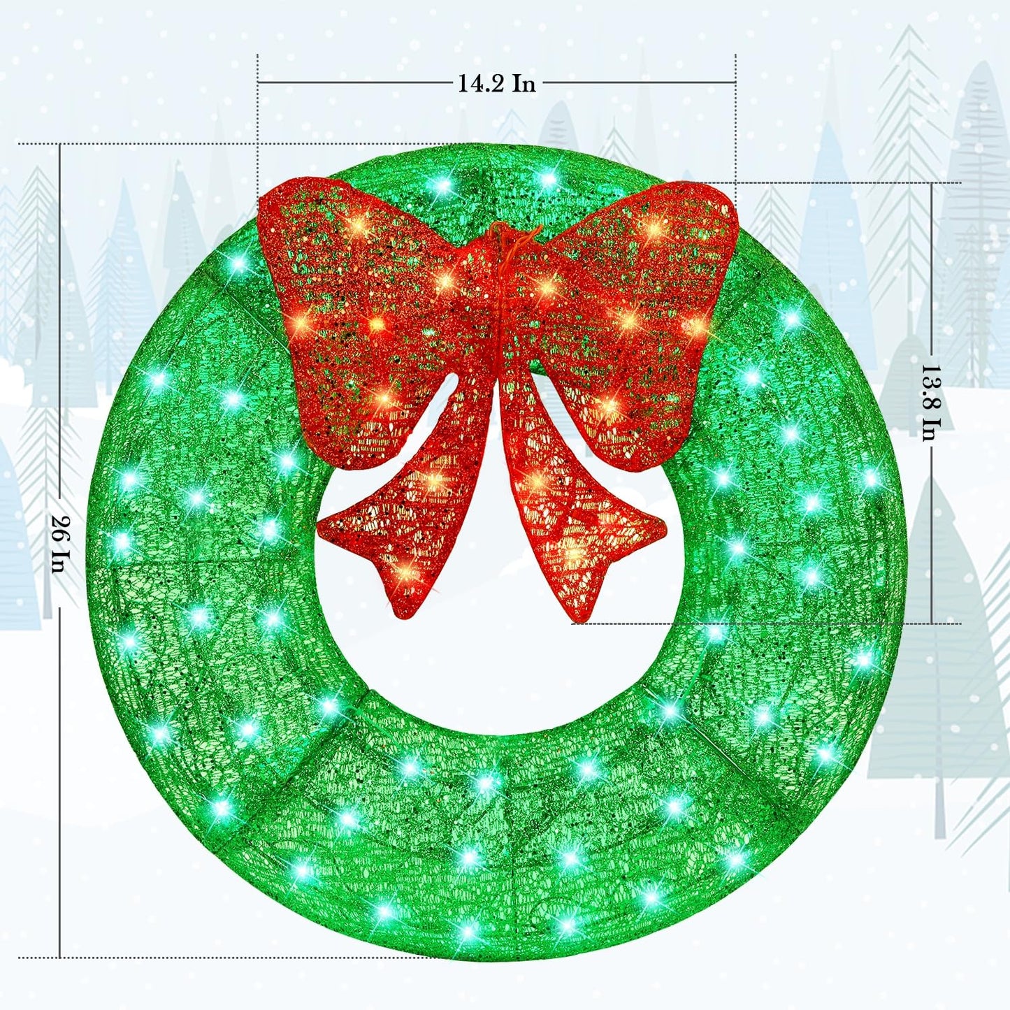 ATDAWN 26 Inch Christmas Wreath, Outdoor Christmas Wreath Decoration, Lighted Xmas Wreath for Christmas Home Wall Door Decoration (Green)