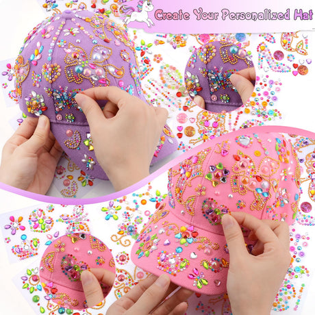 Christmas Gifts for Girls Decorate Your Own Baseball Cap with 12 Sheets Unicorn Gem Stickers, Fun Arts and Crafts Kit for Kids Age 4-12, 2PCS DIY Baseball Cap Birthday Gifts for Girls 4 5 6 7 8 9 10 Yoart