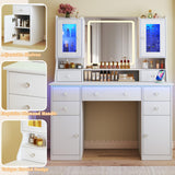 Vanity Desk with Mirror & Lights, 42‘’ Large Makeup Vanity with 2 RGB Jewelry Cabinets & 7 Drawers, White Vanity Table Set with Charging Station, Dressing Table with Lights Desk, 3 Light Modes ALEXNUTRE