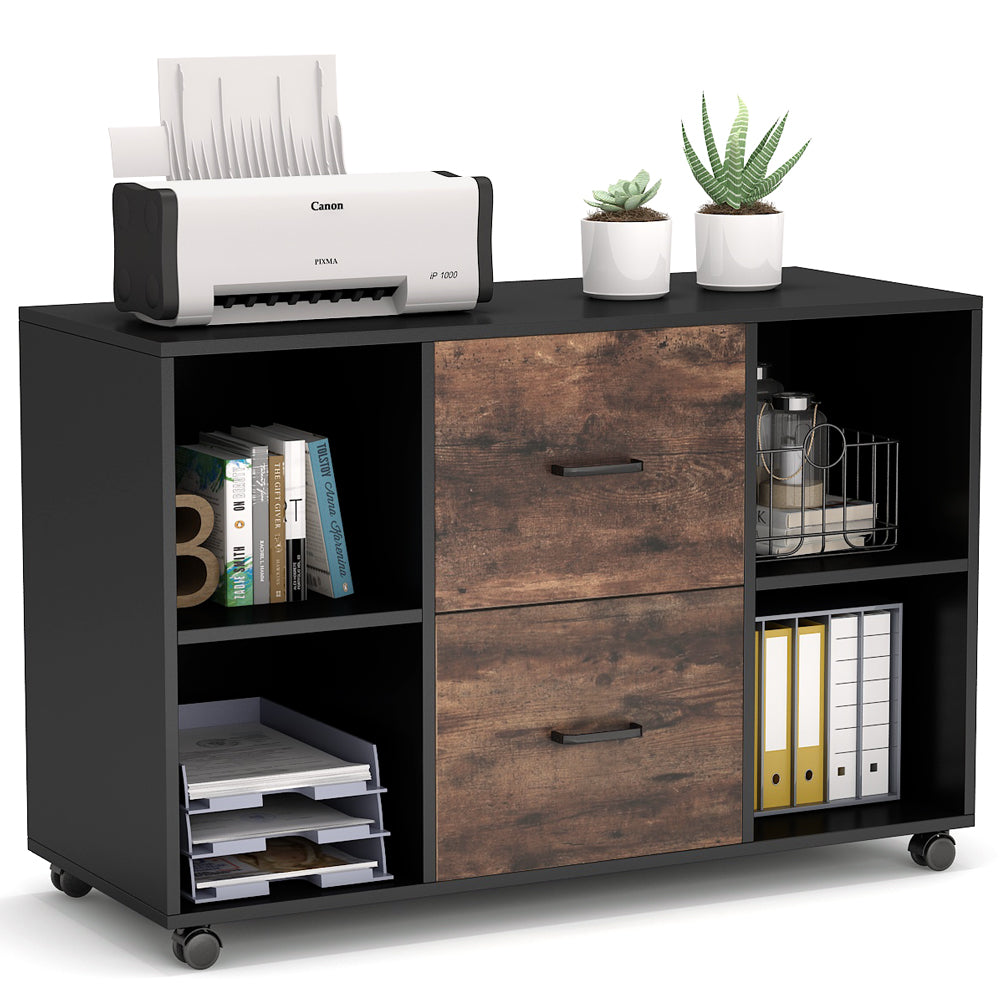 Tribesigns 2 Drawer File Cabinet, Large Mobile Lateral Filing Cabinet for Letter Size, Printer Stand with Storage Shelves and Rolling Wheels for Home Office (Black/Rustic) - WoodArtSupply