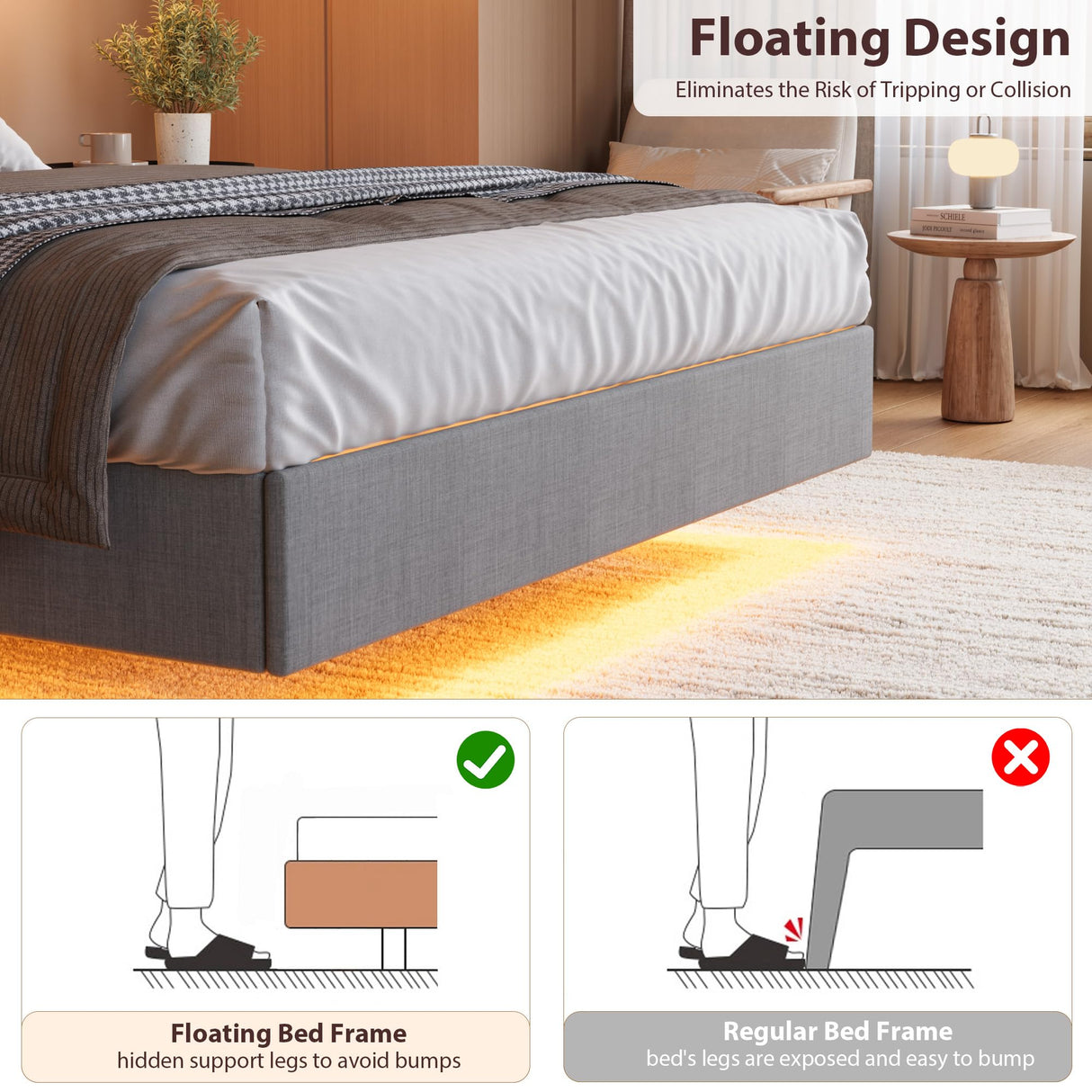GarveeHome Floating Bed Frame King with LED Lights & USB Charging Station – Modern Upholstered Platform Bed with Headboard, Solid Wood Slats Support, No Box Spring, Easy Assembly, Noise-Free, Grey GarveeHome