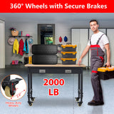 ACONEE 48" Adjustable Workbench for Garage, Heavy Duty Worktable with Drawer, 2000 LBs Load Capacity, Rubber Wood Workshop Bench with Power Outlet & 4 Lockable Wheels, 48x24x1.5 in Thick Rubber Top ACONEE