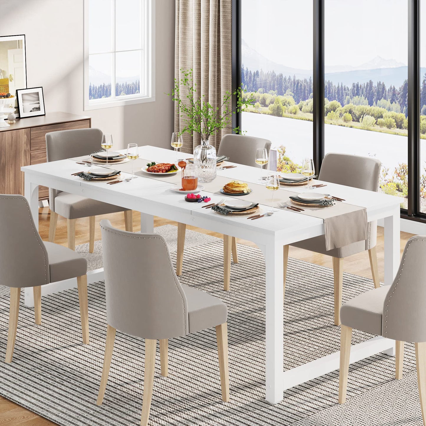 LITTLE TREE 70.9 Inch Large Dining Table Rectangular Kitchen Furniture for 6 to 8 People, White - WoodArtSupply