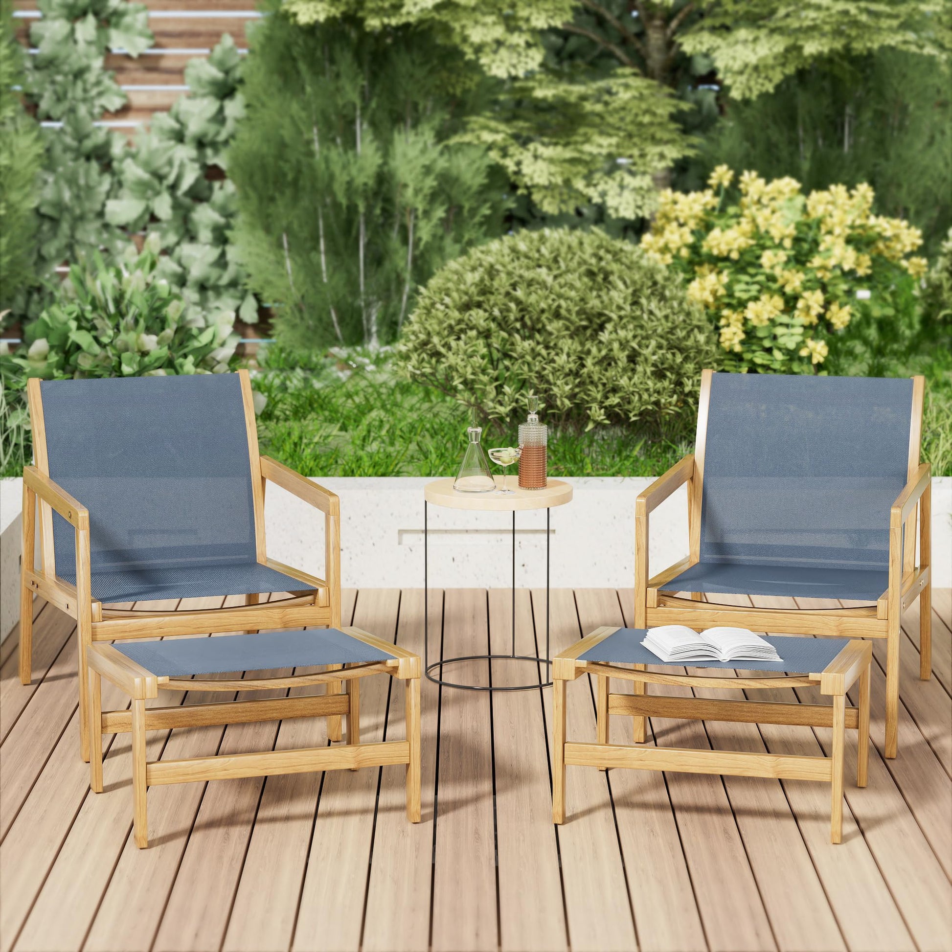 Devoko Patio Furniture Set 4 Piece Outdoor Conversation Set Acacia Wood and Textile Chairs with Footstool for Patio, Lawn, Garden, Poolside - WoodArtSupply