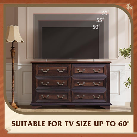 WLIVE Wood Dresser for Bedroom with 6 Drawer, 51.97'' Wide, Farmhouse Long Storage Dresser Organizer with Roman Metal Handle, TV Stand for 60 inch TV, Chest of Drawers for Living Room, Hallway, Brown WLIVE