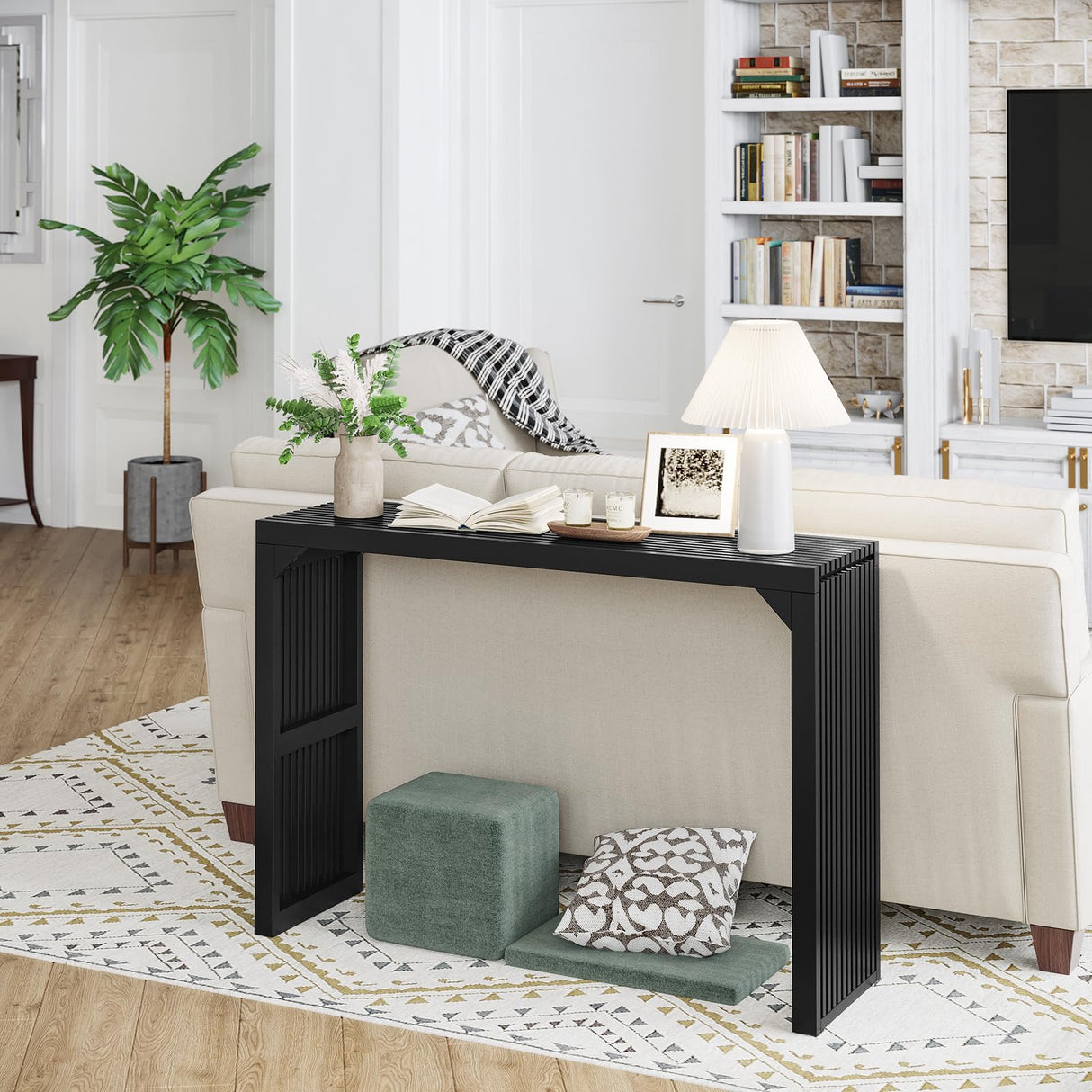 ROOMTEC Narrow Console Tables for Entryway, 46" Solid Wood Console Table Behind Couch, Farmhouse Entryway Table with Storage, Console Tables for Living Room, Hallway, Foyer (Black, Console Table) ROOMTEC