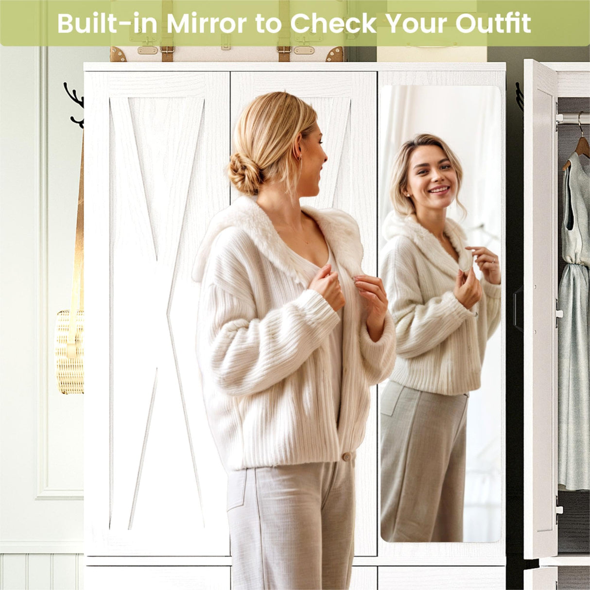 ANCTOR Armoire Wardrobe Closet with Mirror, 70.9" H × 36.2" W, Bedroom Armoires with 4 Doors, 3 Drawers and Shelves, Large Clothing Storage Cabinet for Hanging Clothes, White ANCTOR