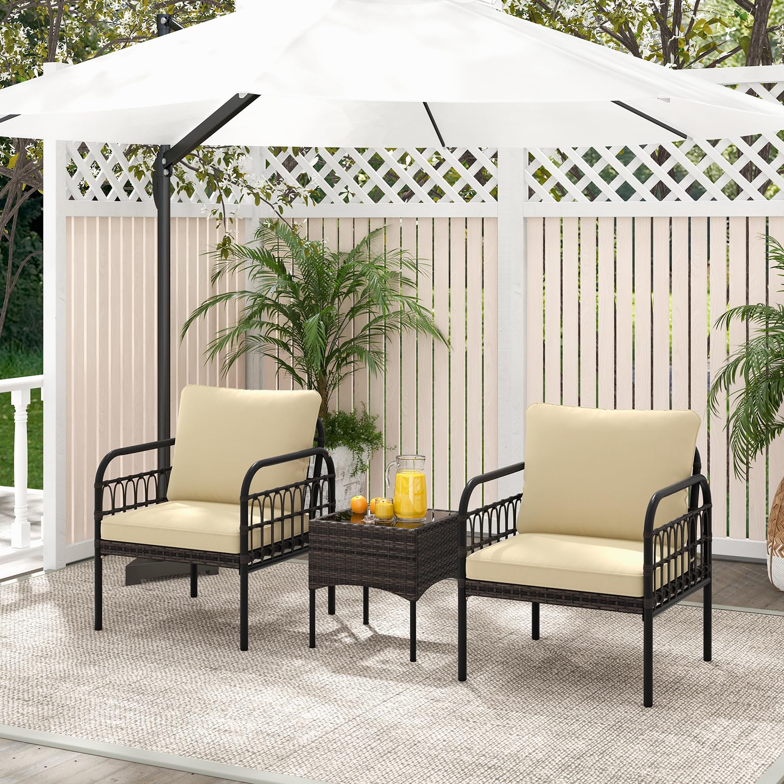 Tangkula 3 Pieces Patio Wicker Furniture Set, Outdoor Conversation Bistro Set with Cushioned Chairs and Tempered Glass Coffee Table, Modern Rattan Chair Set for Porch, Balcony, Lawn (Mix Brow - WoodArtSupply