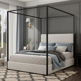 RUNNA King Size Modern Metal Canopy Bed Frame with Tall Velvet Upholstered Headboard and Four Poster,No Box Spring Needed (White,Black3) RUNNA