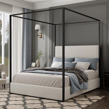 RUNNA King Size Modern Metal Canopy Bed Frame with Tall Velvet Upholstered Headboard and Four Poster,No Box Spring Needed (White,Black3) RUNNA
