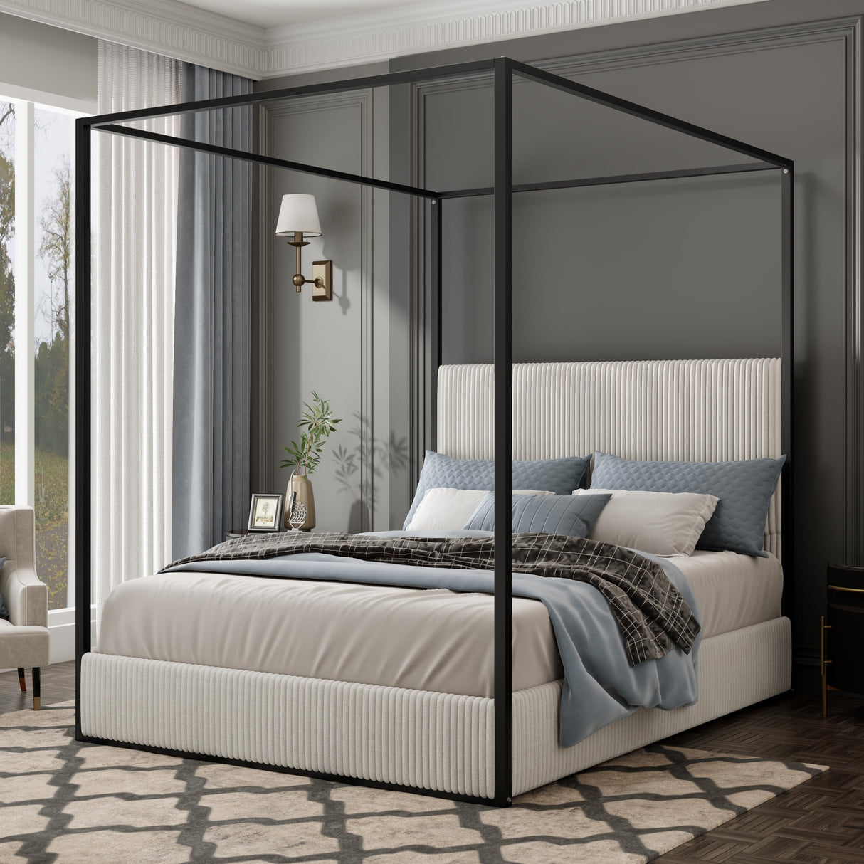 Modern Luxury 4-Poster Canopy Platform Bed King Size with Velvet Upholstered Tall Headboard, Metal Canopied Design Platform Bed Frame with Strong Slats Support (White+Black+King) XD Designs