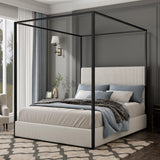 Modern Luxury 4-Poster Canopy Platform Bed King Size with Velvet Upholstered Tall Headboard, Metal Canopied Design Platform Bed Frame with Strong Slats Support (White+Black+King) XD Designs