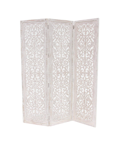 Deco 79 Wooden Floral Handmade Partition Room Divider Screen Hinged Foldable Partition 3 Panel Privacy Screen with Intricate Carved Design, Room Partition 60" x 1" x 69", White Deco 79
