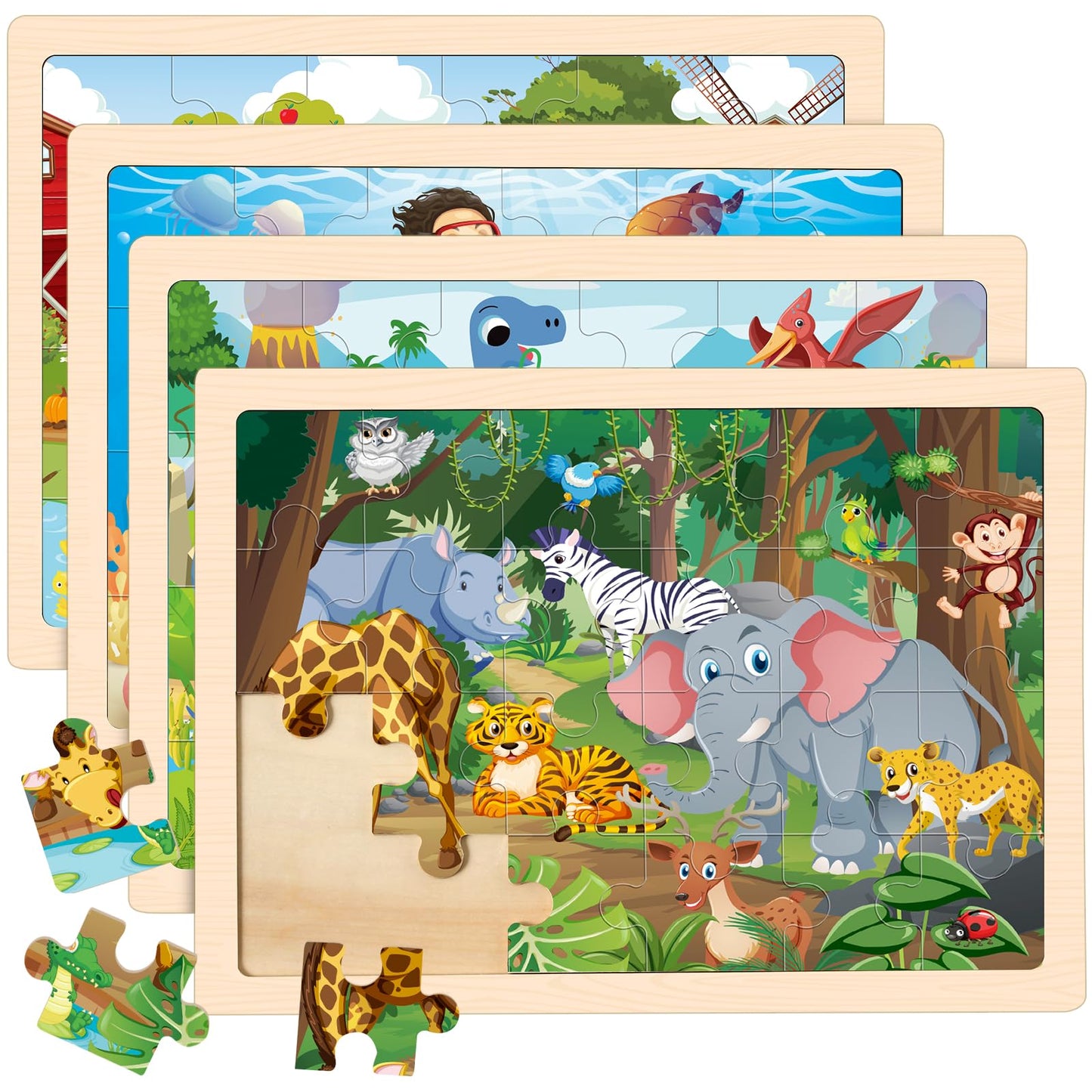 4 Packs Puzzles for Kids Ages 4-6, Wooden Animals Jigsaw Puzzles for Toddlers Ages 2-4, Preschool Educational Puzzles Boards Toys Gifts for 3 4 5 6 Boys Girls