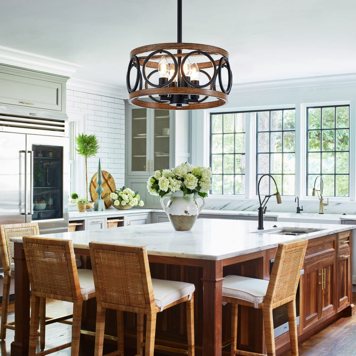 Faibra 4-Light Farmhouse Drum Pendant Light,12.6'' Nature Wood Texture Vintage Rustic Chandeliers Black Metal Industrial Hanging Light Fixtures for Entryway, Bedroom Dining Room Faibra