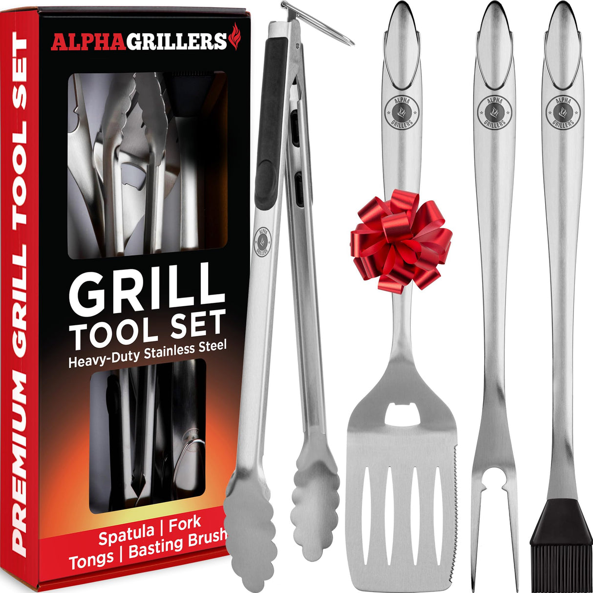 Grilling Accessories - Stainless Steel Heavy Duty Grill Tools Set BBQ Accessories for Outdoor Grill with Spatula, Fork, Brush & Tongs - Grilling Gifts for Men Valentines Day Gifts for Him Alpha Grillers