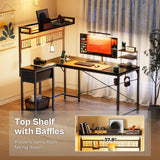 PRAISUN L Shaped Gaming Desk with Shelves, Corner Computer Table with LED Lights, Power Outlets and USB-C Ports, 50 Inch Reversible Home Office Desk with Storage Drawer, for Work and Study, Black PRAISUN