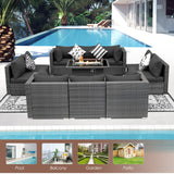 RADIATA PE Wicker Patio Furniture Set Sectional High Back Large Size Sofa Sets with Propane Fire Pit Table 55000 BTU Balcony Rattan Lounge Conversation Sets for Outdoor (11 Pieces,Dark Gray) RADIATA