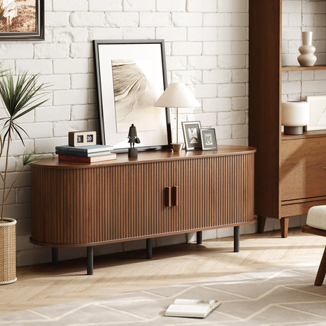 ONBRILL 55" TV Stand with Power Outlet for TVs up to 60 Inch, Entertainment Center with Storage and Adjustable Shelves, Modern Media Console with Sliding Doors for Living Room, Walnut ONBRILL